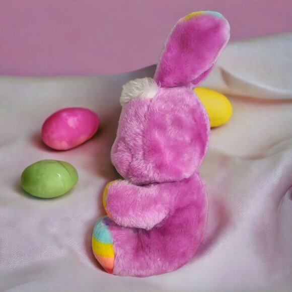 Stuffed Plush Rainbow Bunny Vintage Pink Smiling Rabbit By Animal‎ Toy 1984 Rare - Picture 5 of 14